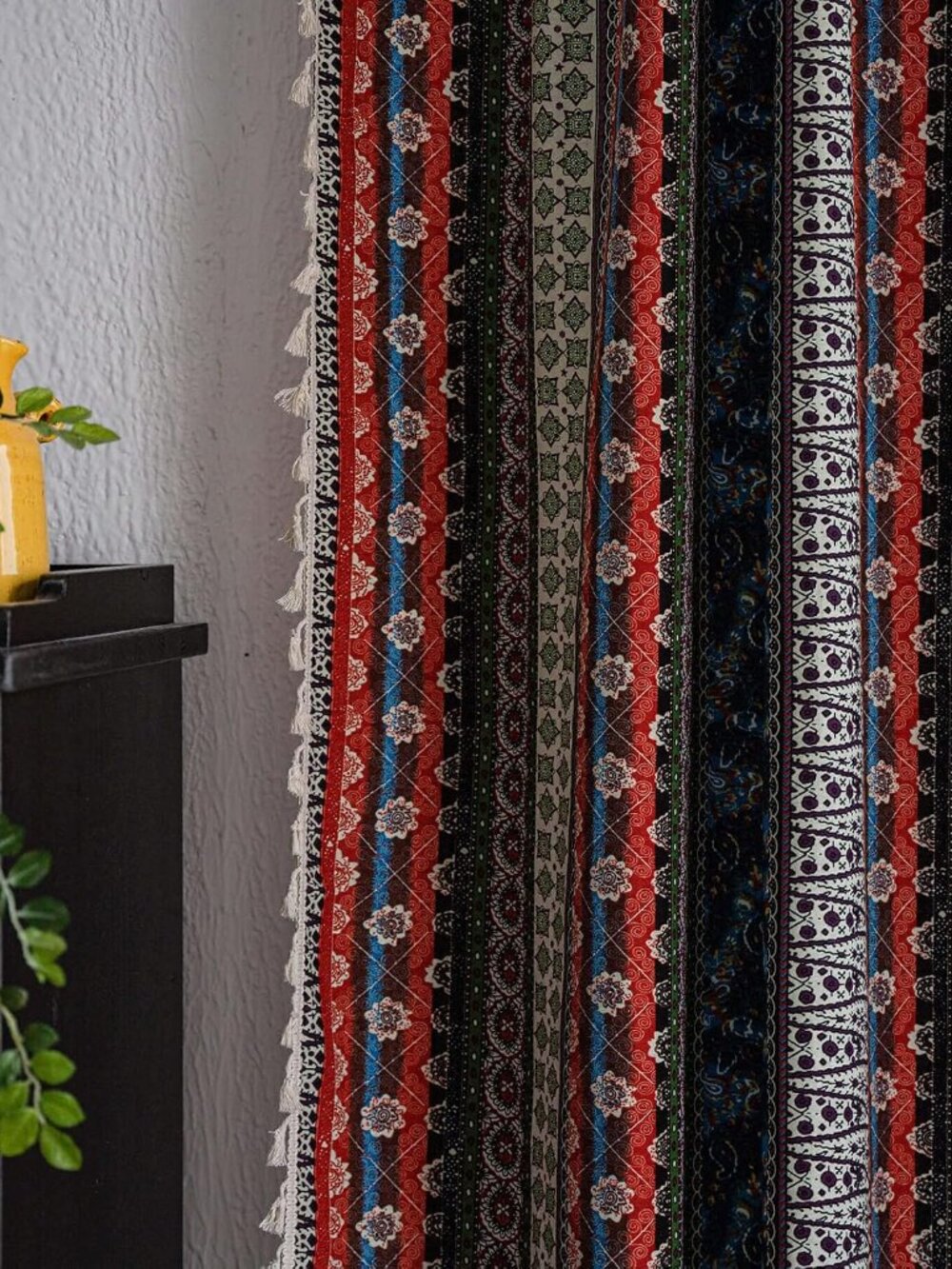Boho Tassel Window Curtains, 1 Panel Geometric Striped Bohemian Style Country Cu